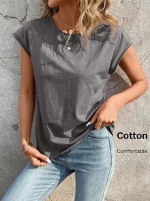 Camiseta de cuello redondo sólida, casual para el verano - Gris Oscuro - Ver 8