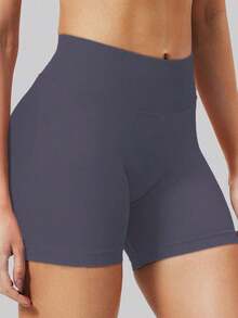 Pantalones cortos de yoga sin costuras de cintura alta para mujer - Levantamiento de glúteos elástico, adecuado para correr, fitness y actividades al aire libre| Apariencia de moda| Tela elástica de verano - Púrpura polvoriento - Ver 7