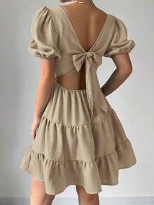 Vestido de verano, primavera y playa, elegante y romántico, para conciertos, estilo bohemio con mangas abultadas, espalda descubierta, lazo, para vacaciones, tiempo libre y viajes, con volantes en el bajo, color caqui, nuevo modelo 2025 - Caqui - Ver 8