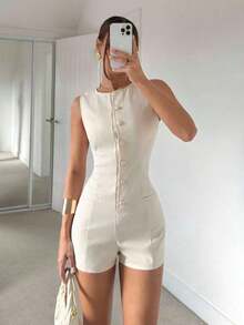 Mono de unicolor con botones frontales y sin mangas para mujer, conjunto de vestir de verano para el trabajo - Albaricoque - Ver 6