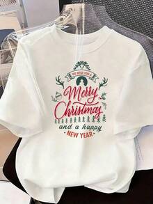 Christmas T-Shirt With "Merry Christmas" Text,  Short-Sleeved T-Shirt For Spring And Summer 2026, Made In Mexico, 180 Grams. Cartoon Print, Couple Design, Suitable For Indoor Or Outdoor Wear. Crew Neck, Unisex, Ideal For Office And Leisure. One-Pack. - WH-P631577SLNDXZGY561 - 查看 3