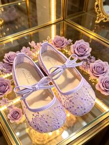 1 Pair Children Girls' Dreamy Purple Princess Flat Shoes, Suitable For Ballet Dancing, Can Be Worn In Spring, Summer And Autumn, With Mesh, Lace Pattern, Bow Design, Breathable And Comfortable, Slip-On Girls' Mary Jane Shoes, Suitable For Parties And Gifts - Purple - View 4