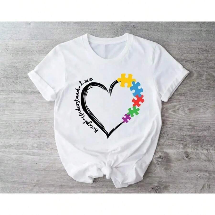Autism Awareness T-Shirt, Accept, Understand, And Love T-Shirt, Autism Heart Sweatshirt, Cute Puzzle T-Shirt, Teacher Gift, Special Education Teacher Sweatshirt, Mom Gift. Casual Fabric - 白色 - 查看 1