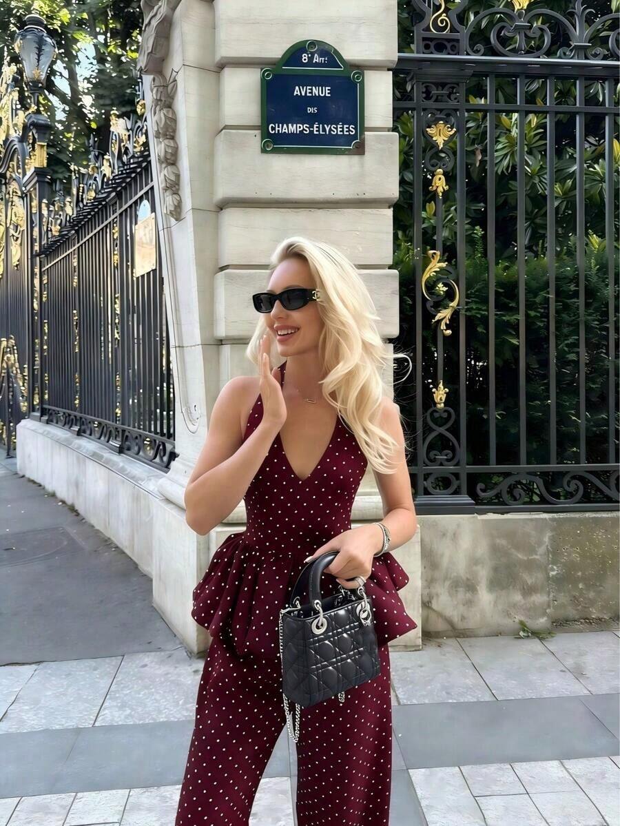 Elegante conjunto de 2 piezas sin estiramiento: top de tirantes con volantes y lunares y pantalones para mujeres en vacaciones de verano - Burdeos - Ver 1