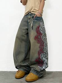 1 Peça Calça Jeans Larga e Casual com Ajuste Folgado, Bordado Coreano Irmãos da Justiça, Confortável para Todas as Estações (Excluindo Cinto/Acessórios) - Champanhe - Visão 6