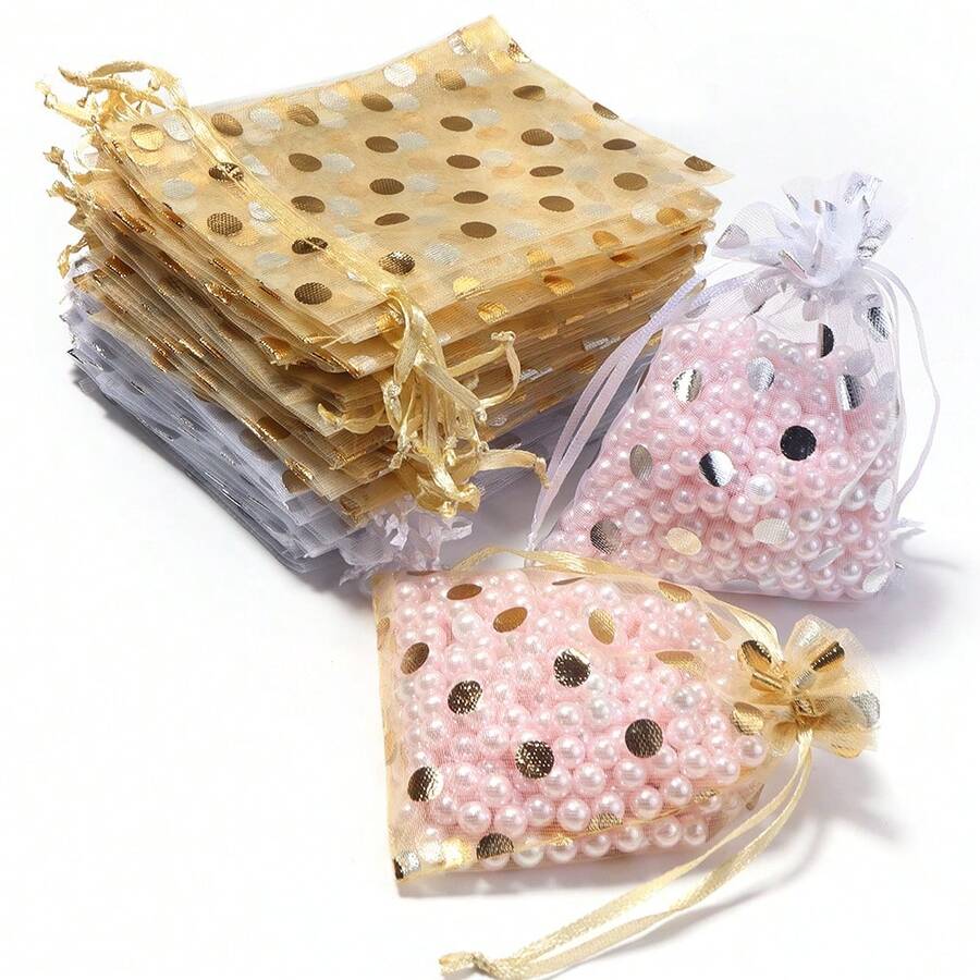 Bộ 10 túi vải organza chấm tròn, túi đựng trang sức thời trang tối giản với lớp phủ vàng/bạc, kích thước 9x12cm, túi dây rút dùng để đóng gói quà tặng.