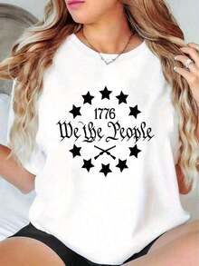 Women's Summer T-Shirt, Simple And Versatile Design, With A Star Print And The 1776 "We Are The People" Gun Cross Design, Round Neck - Comfortable And Versatile, Suitable For Beach Holidays And As An Easter Gift. 100% Cotton T-Shirt - 白色 - 查看 6