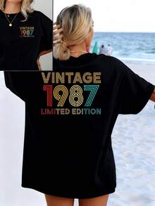 Retro Text With Vibrant Colors And Numbers Evoking The Year 1987, Showcasing A Limited Edition That Symbolizes Nostalgia And The Free Spirit Of Sunny Days. Modern Double-Sided Women's T-Shirt For Summer - 黑色 - 查看 1