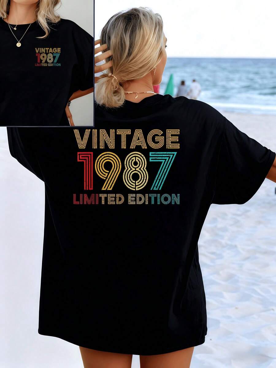 Retro Text With Vibrant Colors And Numbers Evoking The Year 1987, Showcasing A Limited Edition That Symbolizes Nostalgia And The Free Spirit Of Sunny Days. Modern Double-Sided Women's T-Shirt For Summer - 黑色 - 查看 1