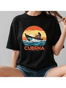 Women's Casual Summer T-Shirt With Round Neck And Sun Print, Slightly Stretchy, Regular Fit, Short Sleeve For Sports And Everyday Wear_19 - 黑色 - 查看 8
