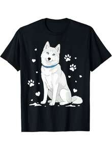 Men's Siberian Husky Graphic T-Shirt - Black Short Sleeve Crew Neck T-Shirt With White Husky And Paw Print Design, Loose Fit, Casual Hiking Shirt, Mother's Day Gift, All-Season Comfort, Machine Washable, Plus Sizes - 黑色 - 查看 8