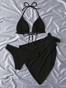 Conjunto de bikini de triángulo halter llano para playa de verano con falda de playa - Negro - Ver 2
