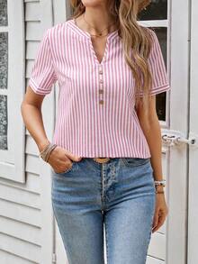 Blusa casual de mujer con escote de ojo de cerradura a rayas - Rosa - Ver 6