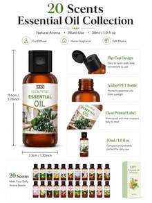 LZJV Bộ 20 loại tinh dầu nguyên chất, mỗi loại 30ml, thích hợp dùng cho máy tạo độ ẩm và máy khuếch tán tinh dầu, gồm các mùi hương: Oải hương, Hoa hồng, Bạc hà, Gỗ đàn hương, Dừa, Hoa anh đào, Tràm trà, Lô hội, Hương thảo, Vani, Khuynh diệp, Dầu thầu dầu, Cam ngọt, Chanh, Hoa nhài, Hoa dành dành, Quế, Cà phê, Dâu tây. Công dụng: Dưỡng ẩm da, chăm sóc da mặt và tóc, khử mùi phòng khách và phòng tắm, tuyệt vời cho máy khuếch tán tinh dầu, yoga, làm nến và xà phòng thủ công. - nhiều mùi hương - Xem 7