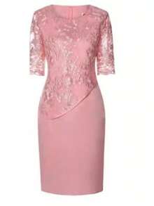 New Women's Plus Size Cocktail Dress, Light Blue, Round Neck, 3/4 Sleeves, Lace Appliqués, Mock Double Layer, Elegant And Flattering Design, Perfect For Events, Parties And Dinners - 粉色 - 查看 7