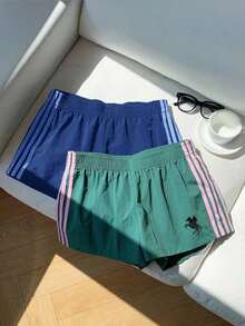 2 piezas Shorts casuales de estilo callejero para mujer con contraste de color en la cinta, shorts de lunares, verano - Multicolor 9 - Ver 4