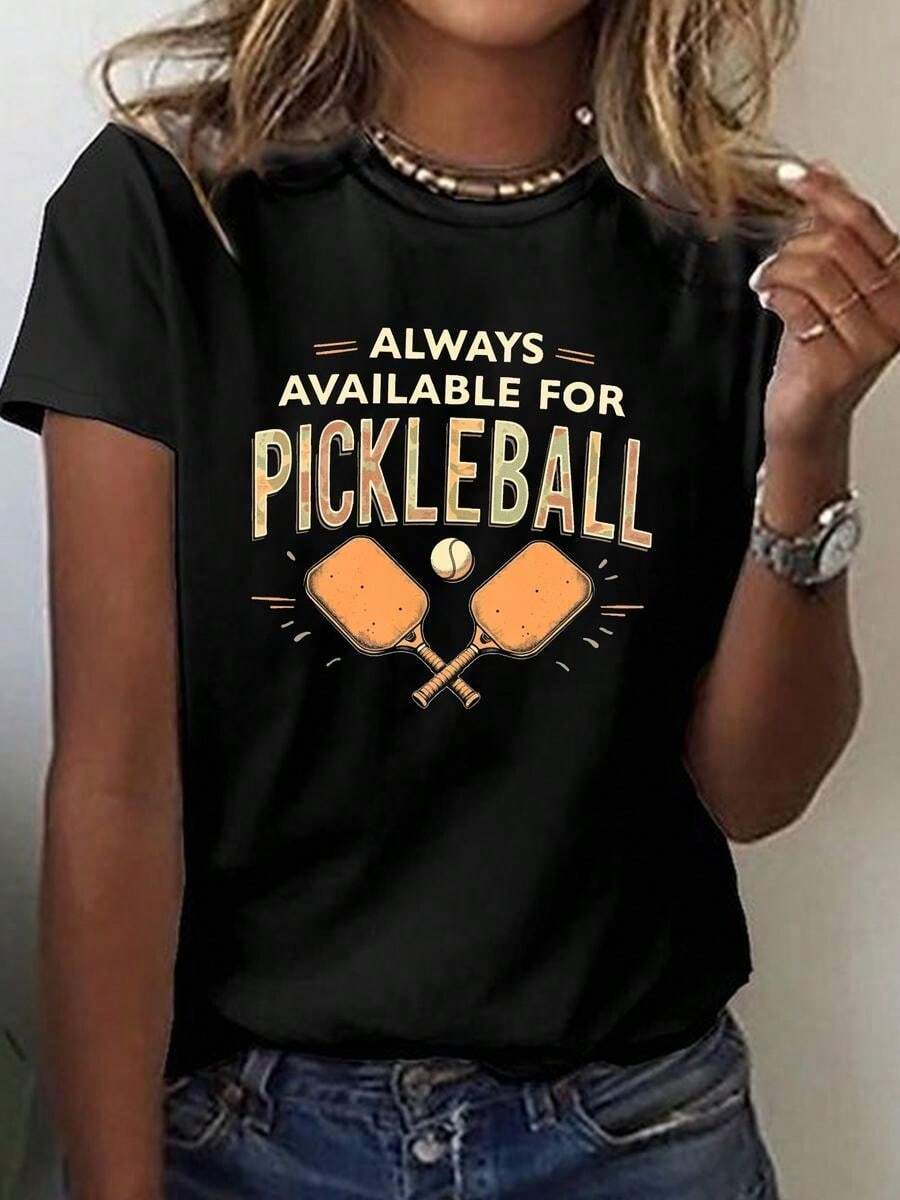 1 Piece, Classic And Versatile Pure Cotton Short-Sleeved T-Shirt, Ideal For Wearing In Any Season, With A Piqué Ball Themed Print Design For Women, Modern Style - 黑色 - 查看 1