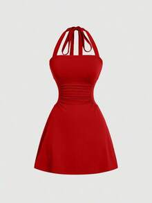 Vestido de línea A sencillo de unicolor para mujer con cintura fruncida y diseño de halter en forma de V - Rojo - Ver 5