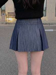 Falda de línea A plisada de unicolor y minimalista para mujer, de uso cotidiano y ocio - Azul - Ver 6