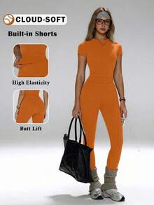 Conjunto de yoga para mujer, pantalones deportivos de cintura alta, conjunto deportivo moldeador de 2 piezas, conjunto de yoga con control de abdomen, camiseta de cuello redondo ajustada emparejada con pantalones de yoga de cintura alta, conjunto esen - Naranja - Ver 1