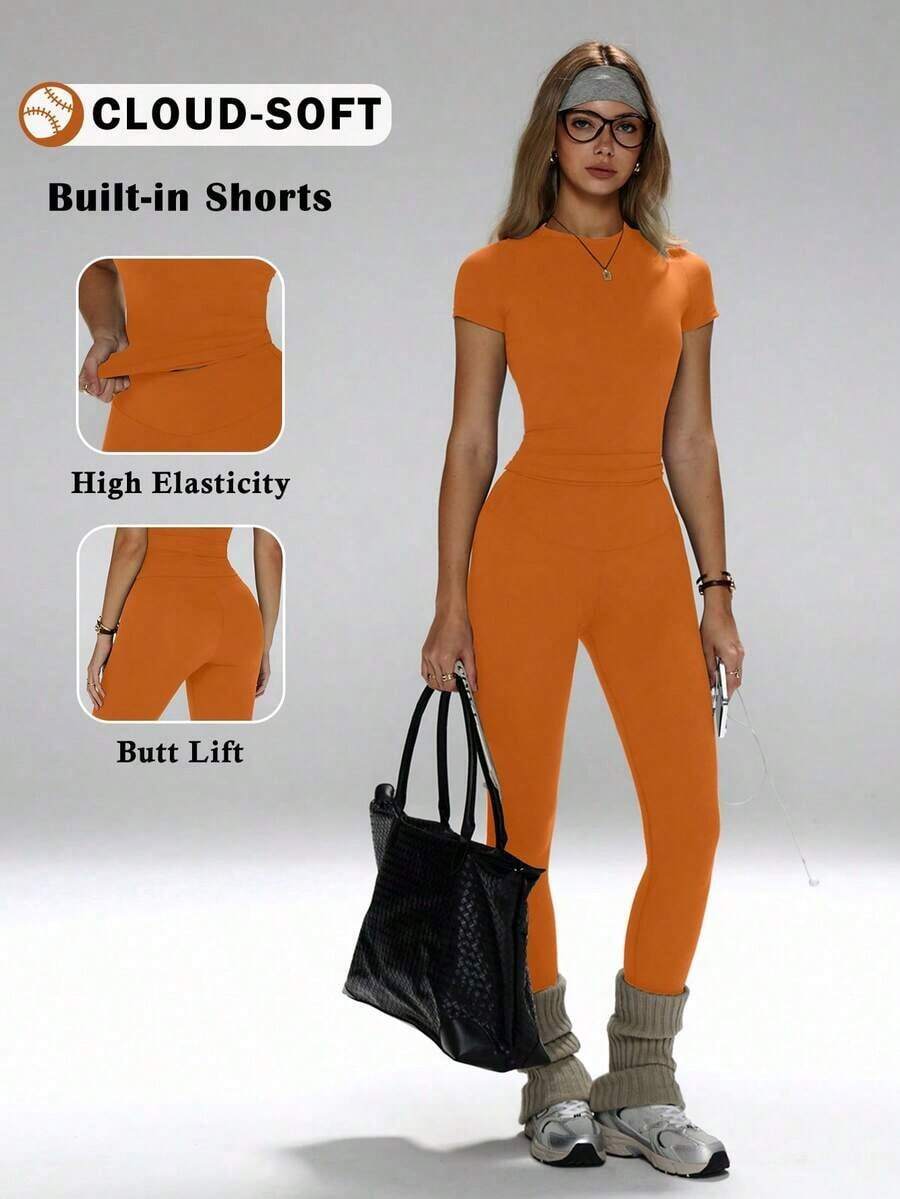Conjunto de yoga para mujer, pantalones deportivos de cintura alta, conjunto deportivo moldeador de 2 piezas, conjunto de yoga con control de abdomen, camiseta de cuello redondo ajustada emparejada con pantalones de yoga de cintura alta, conjunto esen - Naranja - Ver 1