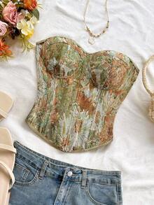 Blusa de tirantes con estampado floral vintage bohemio, elegante y tropical, ideal para vacaciones, boda en la playa, graduación, brunch, Día de San Patricio, Spring Break, Pascua, festivales de música, otoño/invierno - Verde - Ver 5