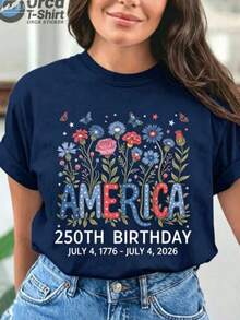 Graphic Tees USA 250th Anniversary Floral Design T-Shirt - Colorful Pattern Tee Featuring Blue, Red, And White Lettering Combined With Butterflies And Flowers - Comfortable Casual Crew Neck Tee, Plus Size - Ideal Gift For Independence Day, National Holidays, And Summer Gatherings - 100% Breathable Cotton For Summer - 藏蓝色 - 查看 3