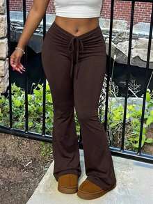 Nuevos Pantalones Acampanados De Talle Alto Con Envoltura En Color Sólido Simple Para Verano 2024 - Marrón 2 - Ver 1