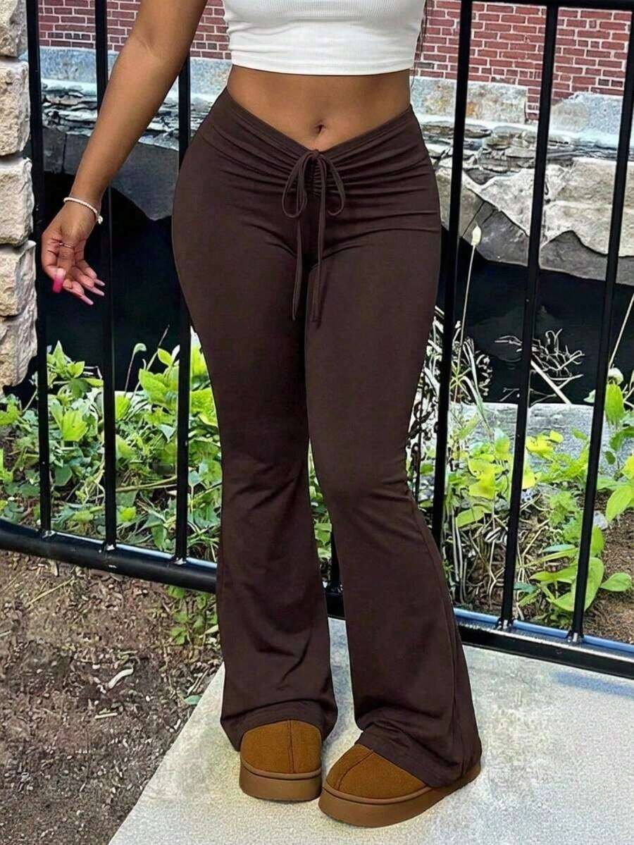 Nuevos Pantalones Acampanados De Talle Alto Con Envoltura En Color Sólido Simple Para Verano 2024 - Marrón 2 - Ver 1