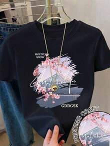 Snowy Cherry Blossom, Minimalist Neutral Punk Style, Loose Crew Neck, Lightweight, Pure Cotton, Skin-Friendly, For Spring/Autumn, Casual For Dates And Outdoor Activities. Loose, Casual And Versatile Top T-Shirt - 黑色 - 查看 6