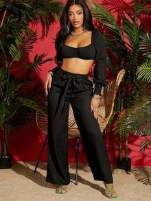 Pantalones negros anchos de verano con cintura de cordón sólido - Negro - Ver 5