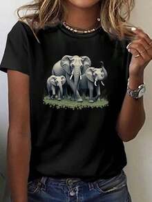 1 Piece, Classic And Versatile Pure Cotton Short-Sleeved T-Shirt, Suitable For Any Season, With Realistic Elephant And Green Leaf Print, Modern Style - 黑色 - 查看 1