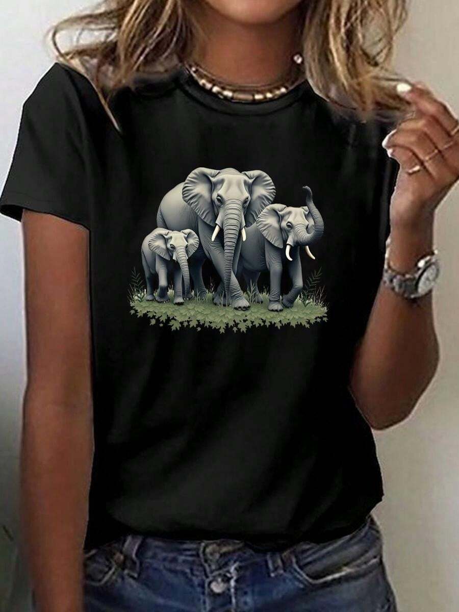 1 Piece, Classic And Versatile Pure Cotton Short-Sleeved T-Shirt, Suitable For Any Season, With Realistic Elephant And Green Leaf Print, Modern Style - 黑色 - 查看 1