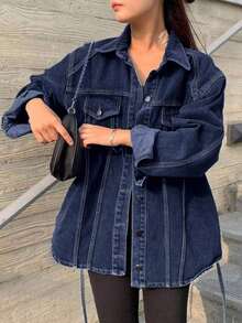 Jeans casuales de mujer con ajuste holgado, lavado desgastado y bajo con abertura, ropa de otoño, chaqueta de jeans de manga larga para mujer - azul real - Ver 1