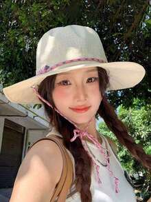 女士夏季沙滩粉色绳编渔夫帽，韩版设计，透气舒适，旅行帽，春夏必备 - 查看 3