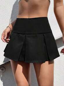 Falda plisada con detalle de cintura ancha y pliegues para el verano - Negro - Ver 3