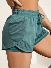 Pantalones cortos de yoga 2 en 1 para mujeres, hechos de tela de secado rápido con bolsillos de malla - Adecuados para fitness casual, entrenamientos en el gimnasio - Ideal para el verano - Diseñado específicamente para mujeres - Perfecto para un estilo de vida activo - Verde - Ver 4