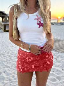 Top de camisola casual de vacaciones para mujer decorado con cuentas y estrellas de mar - Blanco 6 - Ver 3