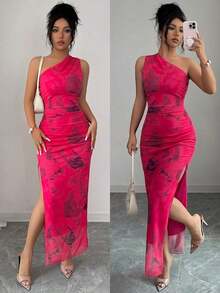 Vestido de noche de lujo para mujer, vestido sexy sin mangas con cuello asimétrico y estampado de teñido anudado - Rosa Roja - Ver 1