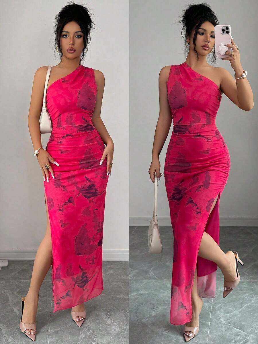 Vestido de noche de lujo para mujer, vestido sexy sin mangas con cuello asimétrico y estampado de teñido anudado - Rosa Roja - Ver 1