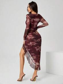 Vestido de fiesta asimétrico con abertura y hoja de loto para mujer - Negro - Ver 2