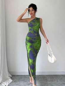 Vestido de noche de lujo para mujer, vestido sexy sin mangas con cuello asimétrico y estampado de teñido anudado - Verde lima - Ver 3