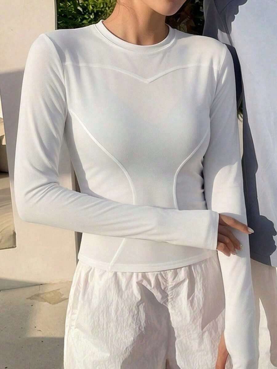 Chaqueta de manga larga de cuello alto elástico de unicolor entallada, ropa deportiva y casual, primavera/otoño - Blanco - Ver 1