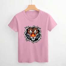 Women's Cotton Graphic T-Shirt, Casual T-Shirt With Ripped Tiger Face - 粉紅色系 - 查看 6