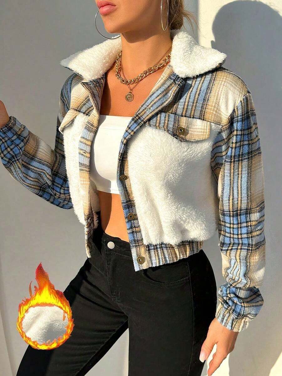 Women's Teddy Jacket With Borg Collar And Plaid Print, Autumn Winter Clothing - 白色 - 查看 1