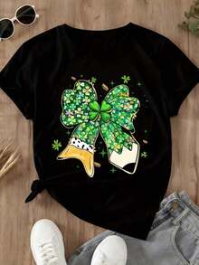 1 Piece Women's T-Shirt For St. Patrick's Day, Bow And Pencil Design With Green Shamrock, White, Casual, 180g 100% Cotton - 黑色 - 查看 4
