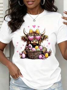 1 Piece Women's Easter Highland Cow Print T-Shirt With Heart Glasses And Easter Egg Basket, Cute Spring Animal Print Graphic Tee, Fun Festive T-Shirt, 180g 100% Cotton - 白色 - 查看 1