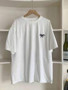 1 Piece Women's T-Shirt With Embroidered Bow, Loose Fit, Short Sleeve, Round Neck, Autumn Clothing, Preppy Style, 180g 100% Cotton - 白色 - 查看 9