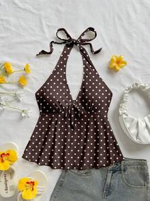 Blusa de mujer casual de vacaciones con estampado floral degradado en rosa, escote en V con lazo, espalda descubierta, apropiada para playa y vacaciones de verano - Multicolor 3 - Ver 3