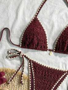 Conjunto de bikini de 2 piezas para mujer de verano con tela jacquard de unicolor, volantes en el borde y tirantes ajustables - Rojo 2 - Ver 6